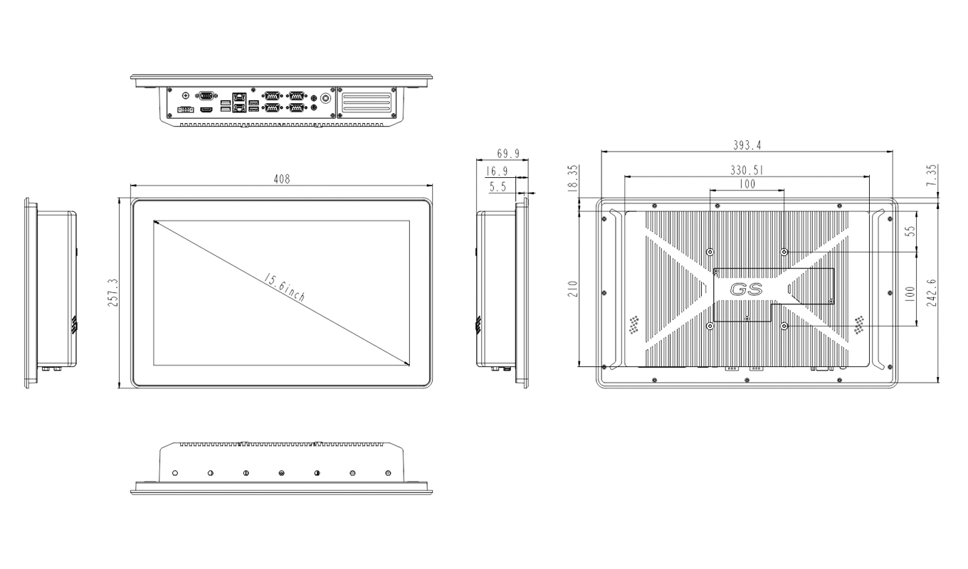 Dimension of 15.6 inch Celeron J1900 Cabless Capacitive Panel PC