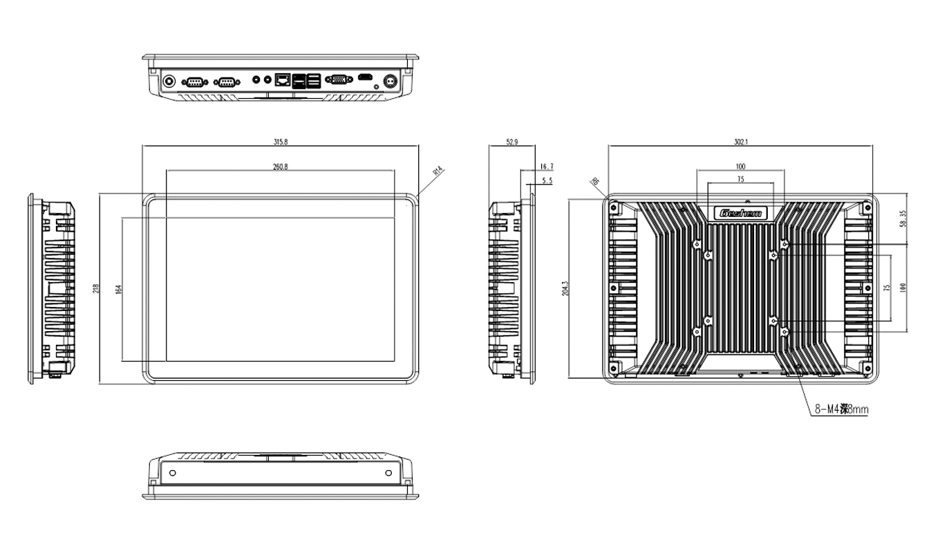 Deminsion of 12.1 Inch Intel 8th Gen. i3/i5/i7 Economy Capacitive Panel PC